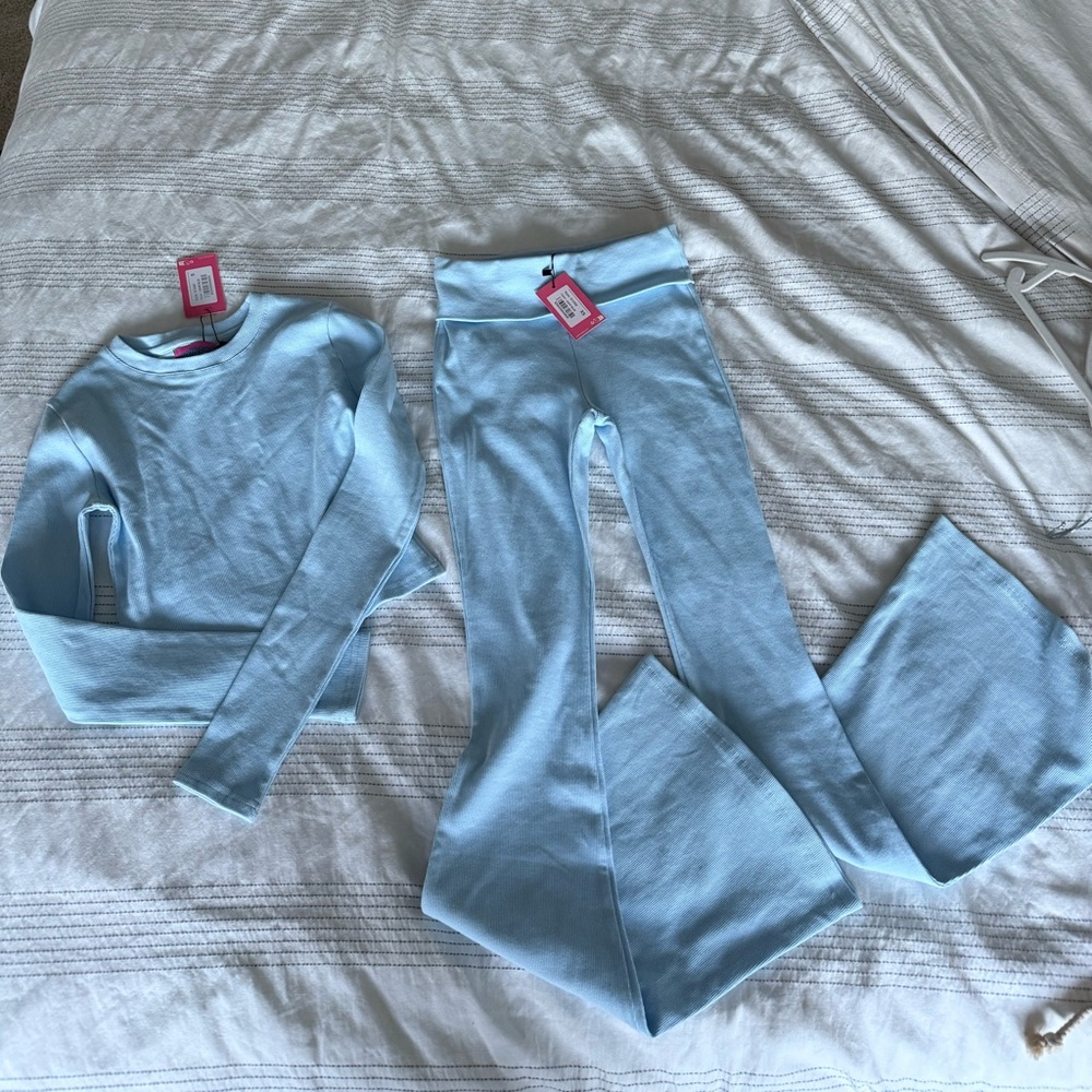 Edikted Sky Blue Ribbed Top and foldover Lounge Pants